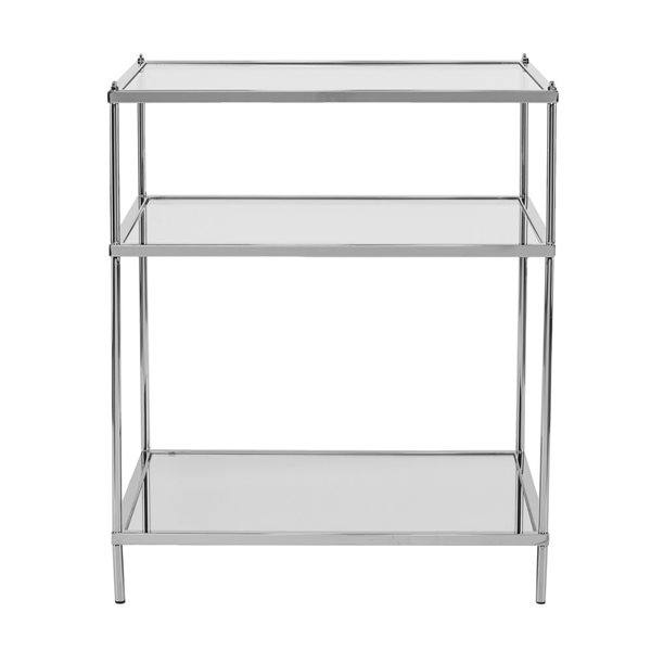 HomeRoots 27-in Chrome Glass and Iron Rectangular Mirrored End Table with Shelf