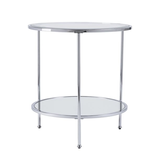 HomeRoots 26-in Chrome Glass and Iron Round Mirrored End Table with Shelf