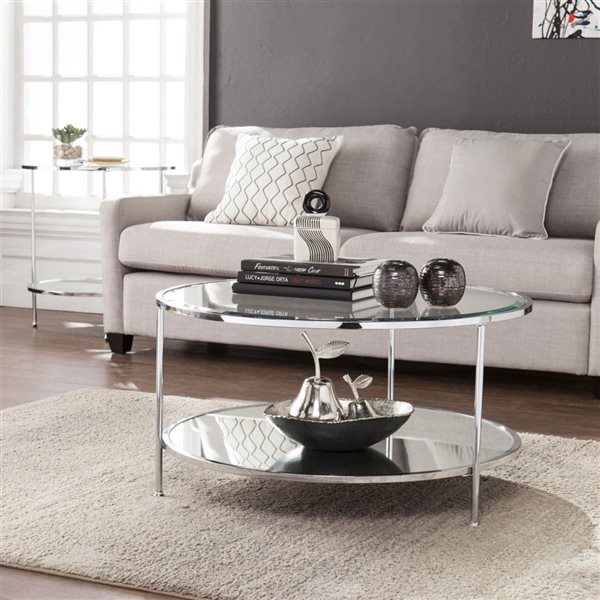 HomeRoots 26-in Chrome Glass and Iron Round Mirrored End Table with Shelf