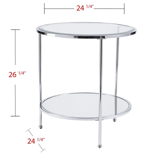 HomeRoots 26-in Chrome Glass and Iron Round Mirrored End Table with Shelf