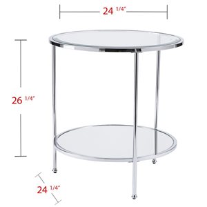 HomeRoots 26-in Chrome Glass and Iron Round Mirrored End Table with Shelf