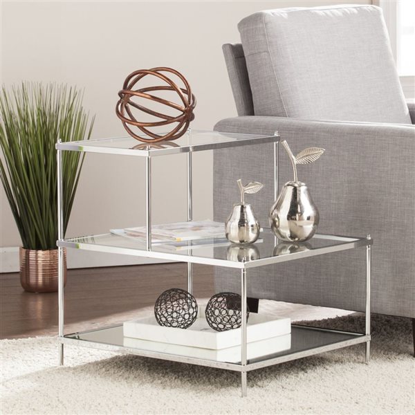 HomeRoots 24-in Silver and Clear Glass Tiered Rectangular End Table