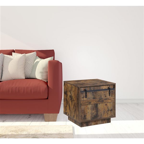 HomeRoots 22-in Rustic Oak Barn Door Cabinet End Table