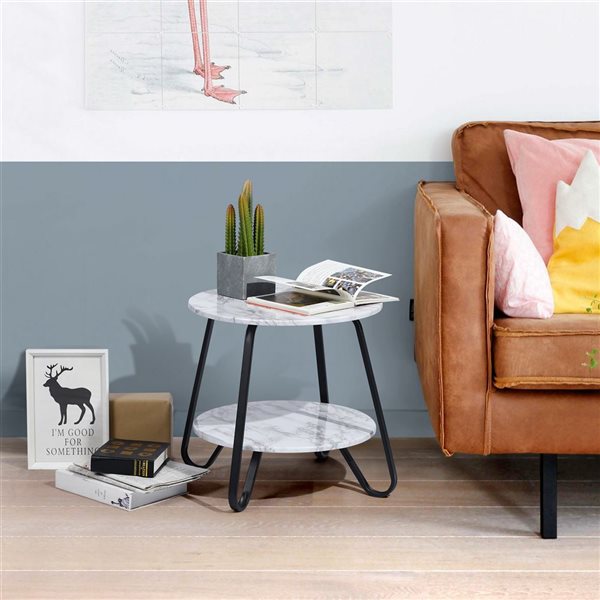 HomeRoots 18-in Black and Marble White Manufactured Wood and Steel Round End Table