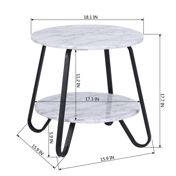 HomeRoots 18-in Black and Marble White Manufactured Wood and Steel Round End Table