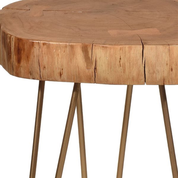 HomeRoots 26-in Gold and Natural Solid Wood Round End Table