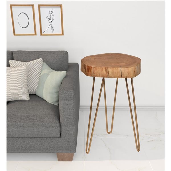 HomeRoots 26-in Gold and Natural Solid Wood Round End Table