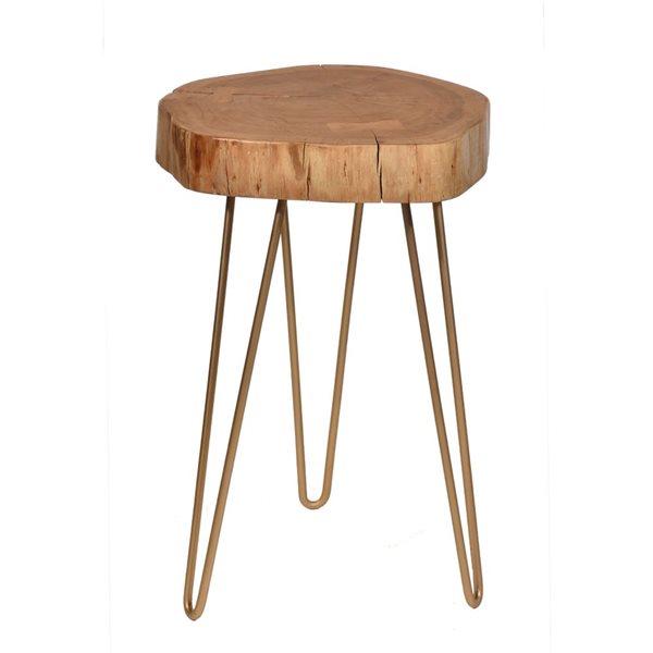 HomeRoots 26-in Gold and Natural Solid Wood Round End Table