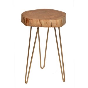 HomeRoots 26-in Gold and Natural Solid Wood Round End Table