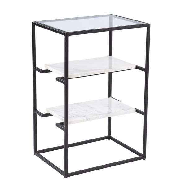 HomeRoots 24-in Black Glass and Marble Rectangular End Table with Two Shelves