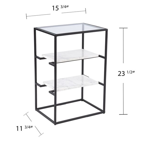 HomeRoots 24-in Black Glass and Marble Rectangular End Table with Two Shelves