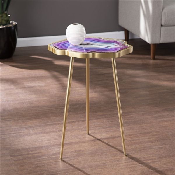 HomeRoots 24-in Gold and Shades Of Violet Faux Agate End Table