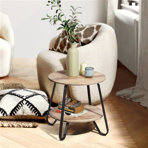 HomeRoots 18-in Black and Oak Manufactured Wood and Steel Round End Table