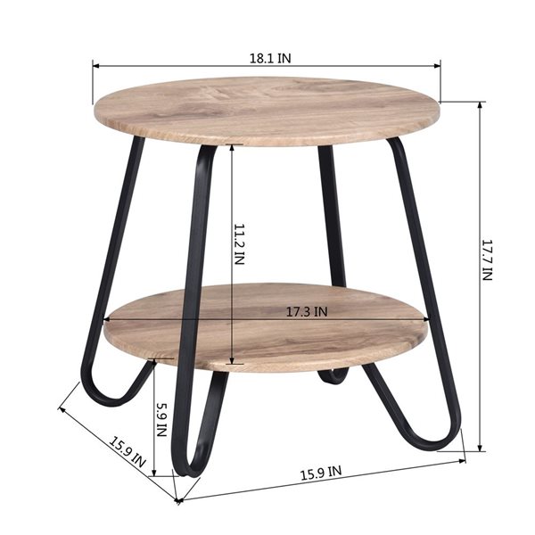 HomeRoots 18-in Black and Oak Manufactured Wood and Steel Round End Table