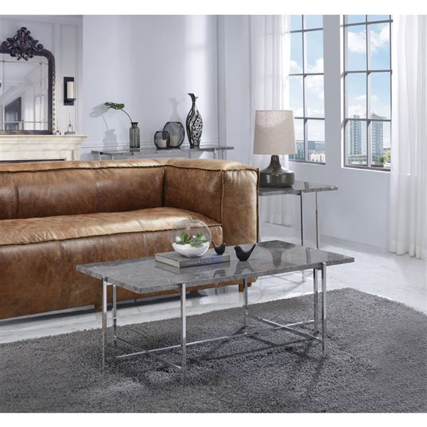 HomeRoots 24-in Chrome and Faux Marble Wood and Metal Rectangular End Table