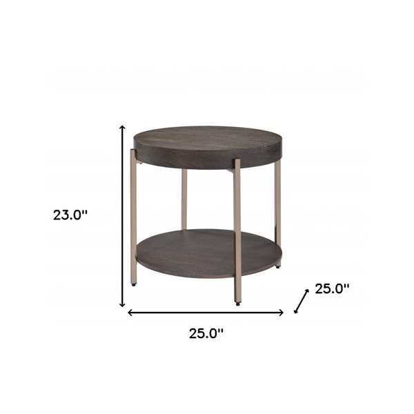 HomeRoots 23-in Champagne Metal and Dark Oak Wood Round Two Tier End Table