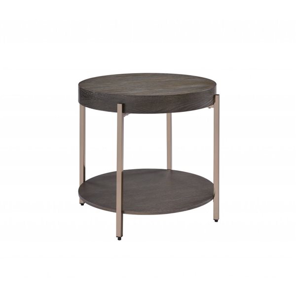 HomeRoots 23-in Champagne Metal and Dark Oak Wood Round Two Tier End Table