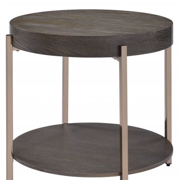 HomeRoots 23-in Champagne Metal and Dark Oak Wood Round Two Tier End Table