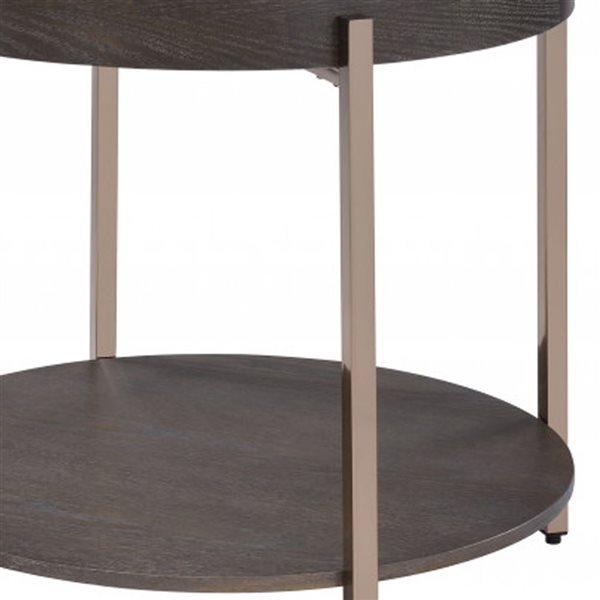 HomeRoots 23-in Champagne Metal and Dark Oak Wood Round Two Tier End Table