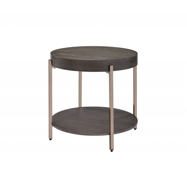 HomeRoots 23-in Champagne Metal and Dark Oak Wood Round Two Tier End Table