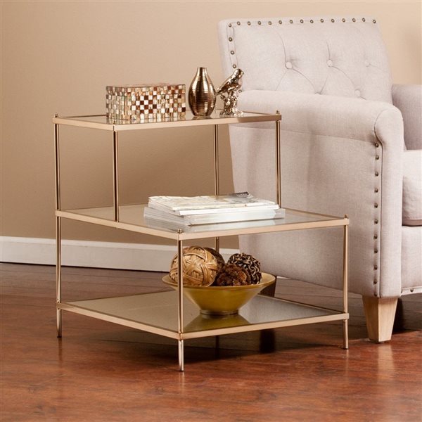 HomeRoots 24-in Gold and Clear Glass Tiered Rectangular End Table