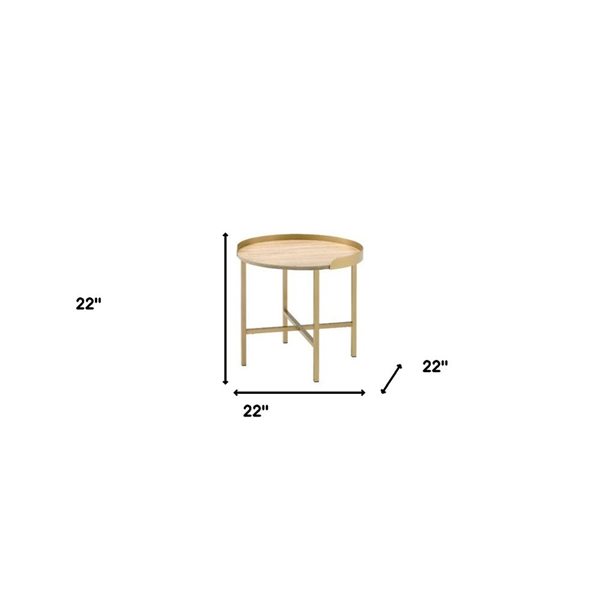 HomeRoots 22-in Gold and Oak Manufactured Wood and Metal Round End Table