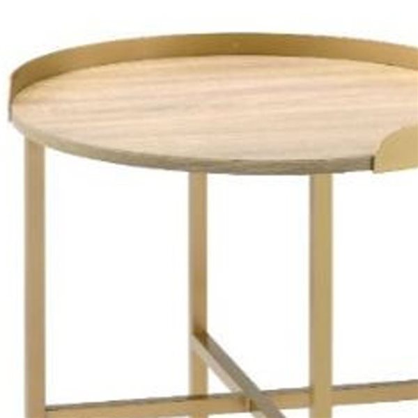 HomeRoots 22-in Gold and Oak Manufactured Wood and Metal Round End Table