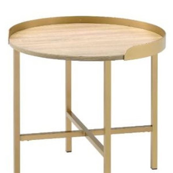 HomeRoots 22-in Gold and Oak Manufactured Wood and Metal Round End Table