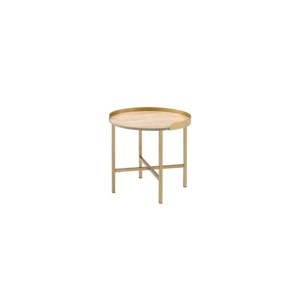 HomeRoots 22-in Gold and Oak Manufactured Wood and Metal Round End Table