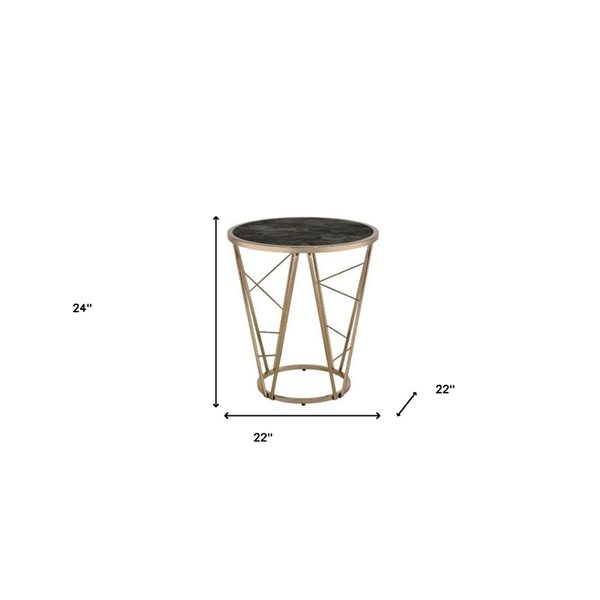 HomeRoots 24-in Champagne and Black Faux Marble Glass and Metal Round End Table