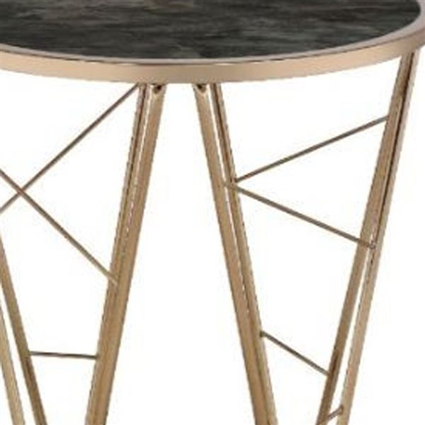 HomeRoots 24-in Champagne and Black Faux Marble Glass and Metal Round End Table