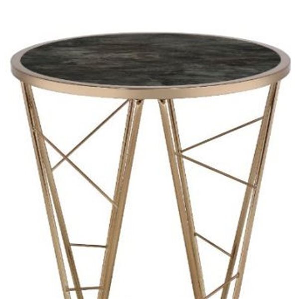 HomeRoots 24-in Champagne and Black Faux Marble Glass and Metal Round End Table