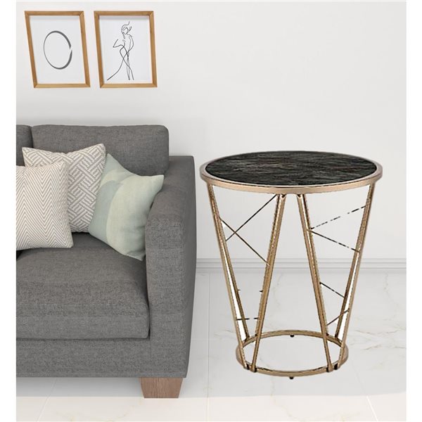 HomeRoots 24-in Champagne and Black Faux Marble Glass and Metal Round End Table