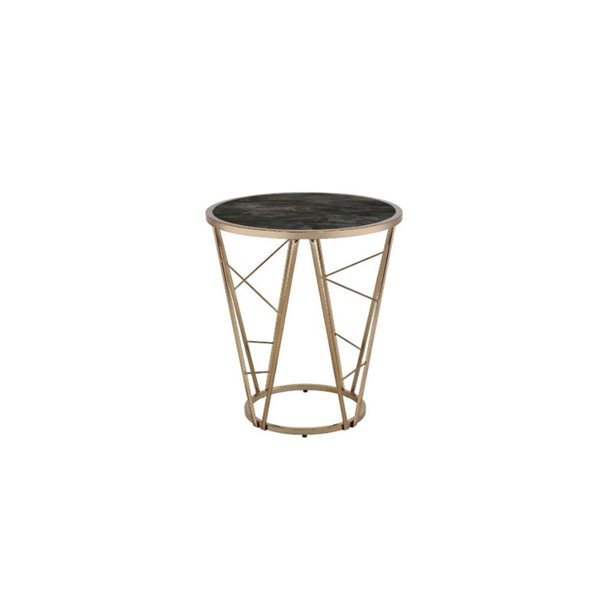 HomeRoots 24-in Champagne and Black Faux Marble Glass and Metal Round End Table