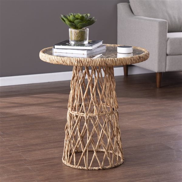 HomeRoots 25-in Brown and Natural Rattan Round End Table