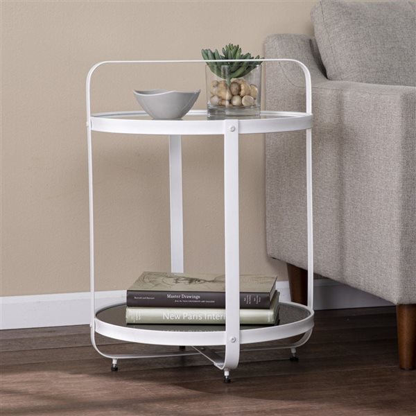 HomeRoots 27-in White Glass and Iron Round End Table with Shelf