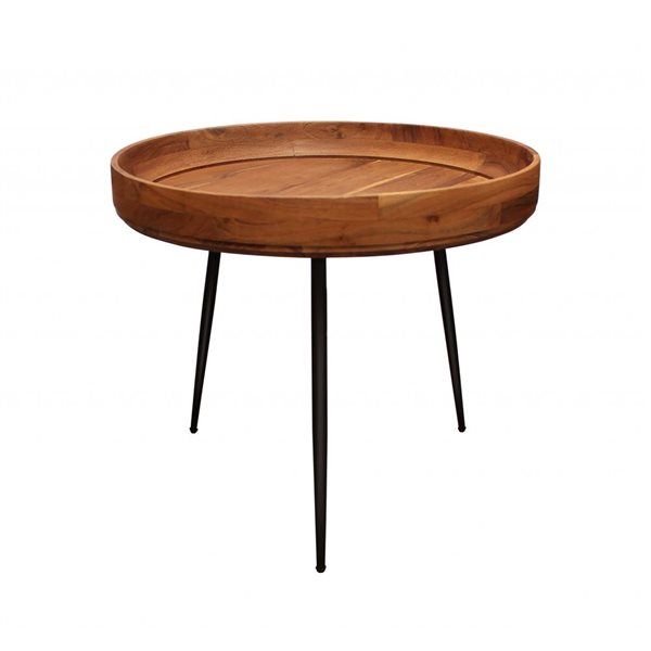 HomeRoots 18-in Black and Natural Brown Solid Wood and Iron Round End Table