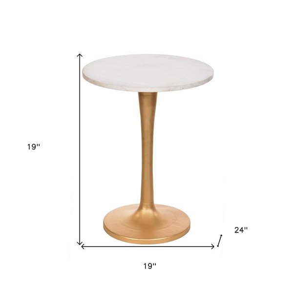 HomeRoots 19-in Gold and White Marble Round End Table