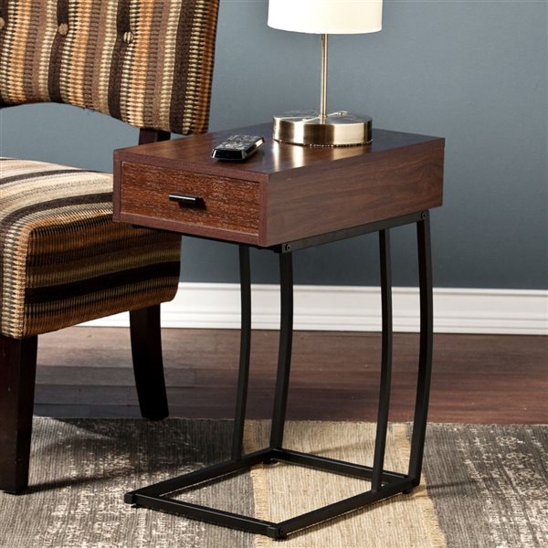 HomeRoots 23-in Brown Manufactured Wood and Iron Rectangular End Table with Drawer