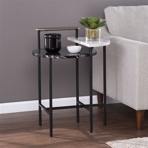 HomeRoots 28-in Black Wood and Iron Free Form End Table with Shelf