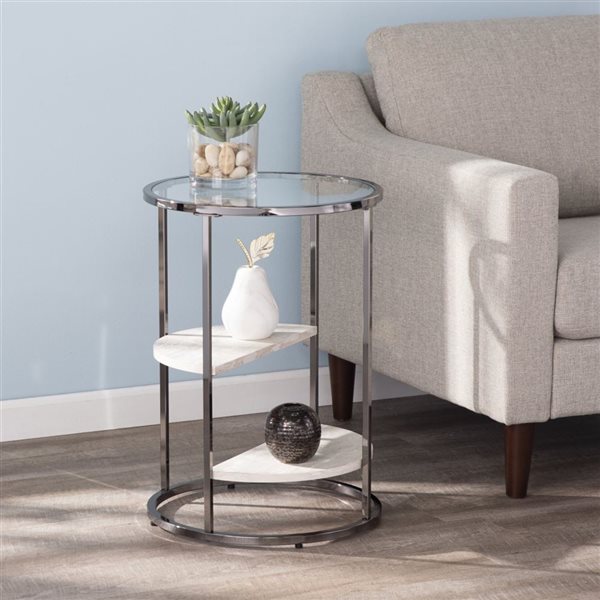 HomeRoots 24-in Black Metal Glass and Faux Marble Round End Table with Two Shelves