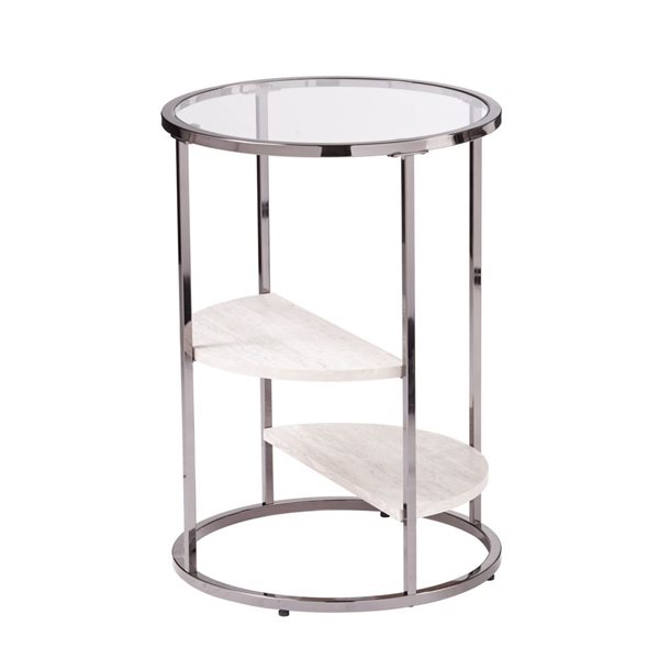 HomeRoots 24-in Black Metal Glass and Faux Marble Round End Table with Two Shelves