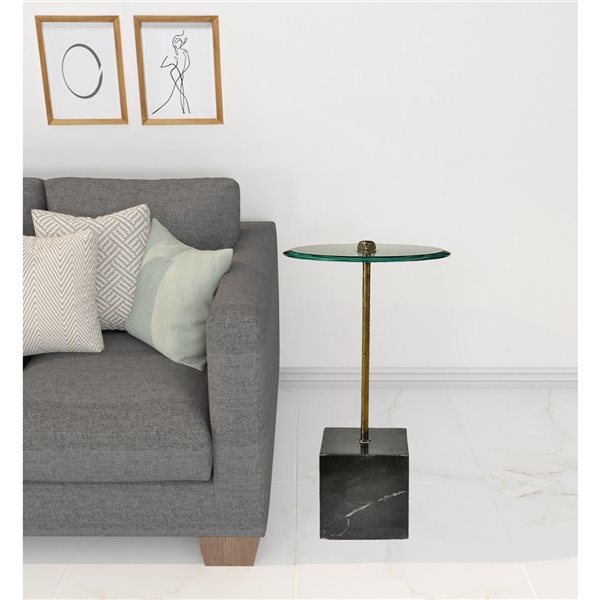 HomeRoots 22-in Black and Clear Glass and Marble Round End Table