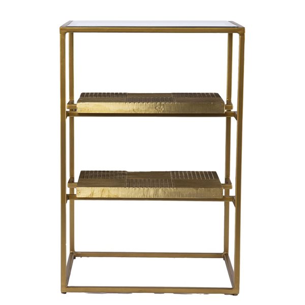 HomeRoots 24-in Brass Glass and Iron Rectangular End Table with Two Shelves