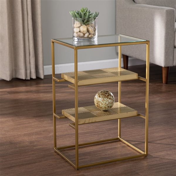 HomeRoots 24-in Brass Glass and Iron Rectangular End Table with Two Shelves