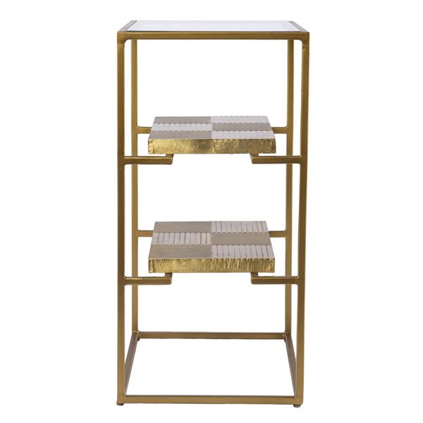 HomeRoots 24-in Brass Glass and Iron Rectangular End Table with Two Shelves