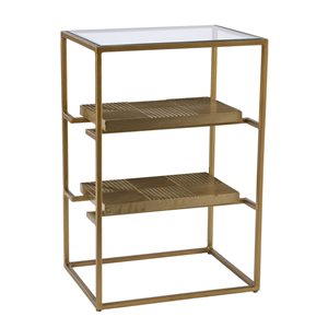 HomeRoots 24-in Brass Glass and Iron Rectangular End Table with Two Shelves