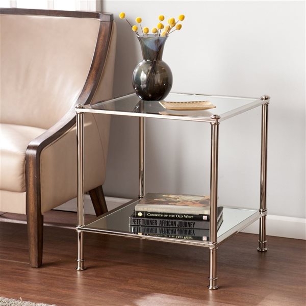 HomeRoots 24-in Silver Glass and Iron Square Mirrored End Table
