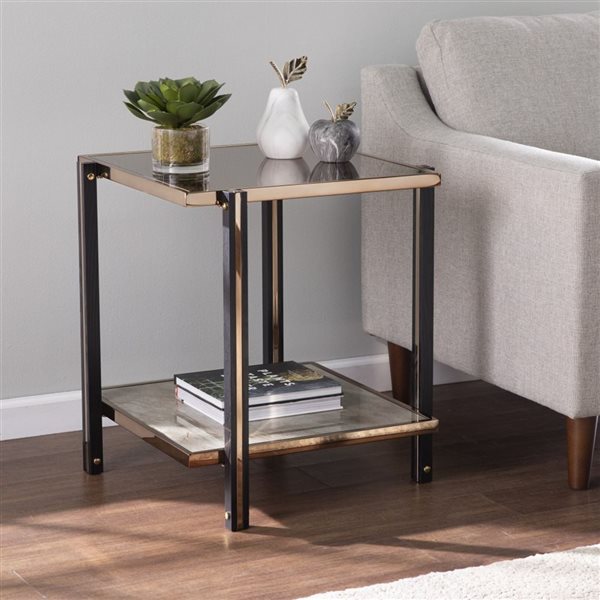 HomeRoots 24-in Champagne Glass and Iron Square Mirrored End Table with Shelf