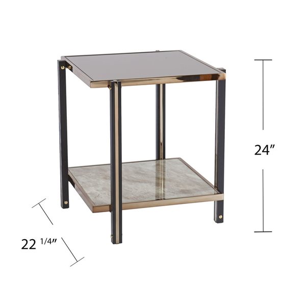 HomeRoots 24-in Champagne Glass and Iron Square Mirrored End Table with Shelf